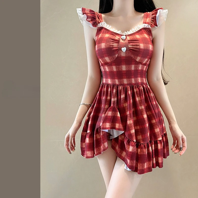 섹시한 한국 패션 러플 화이트 레이스 수영복 원피스 체크 무늬 불규칙 미니 드레스 큐롯 비키니 패드 수영복 탱키니