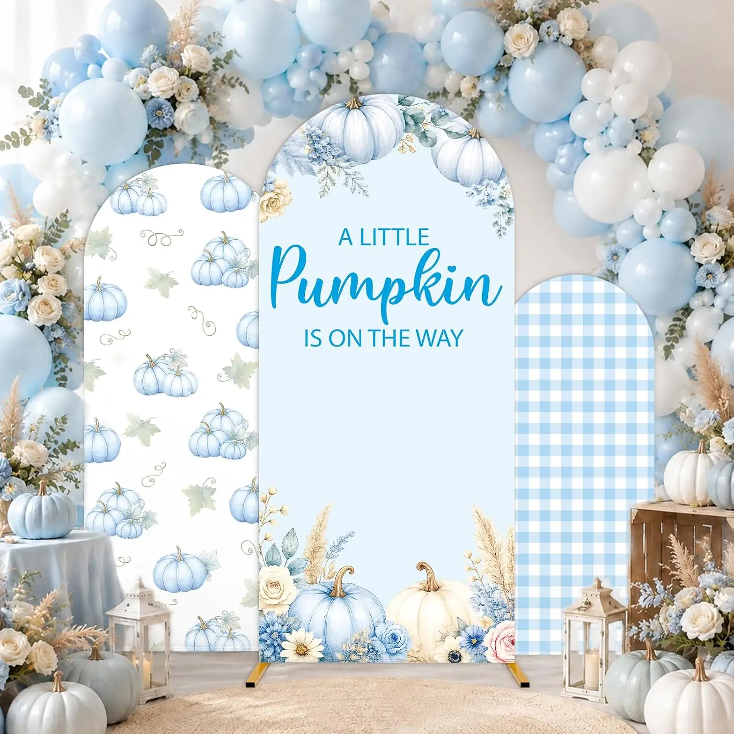 Custom 2-sided Fall Themed Blue Boy Baby Shower Arch Backdrop Cover Little Pumpkin is on the Way Gender Reveal Party Background