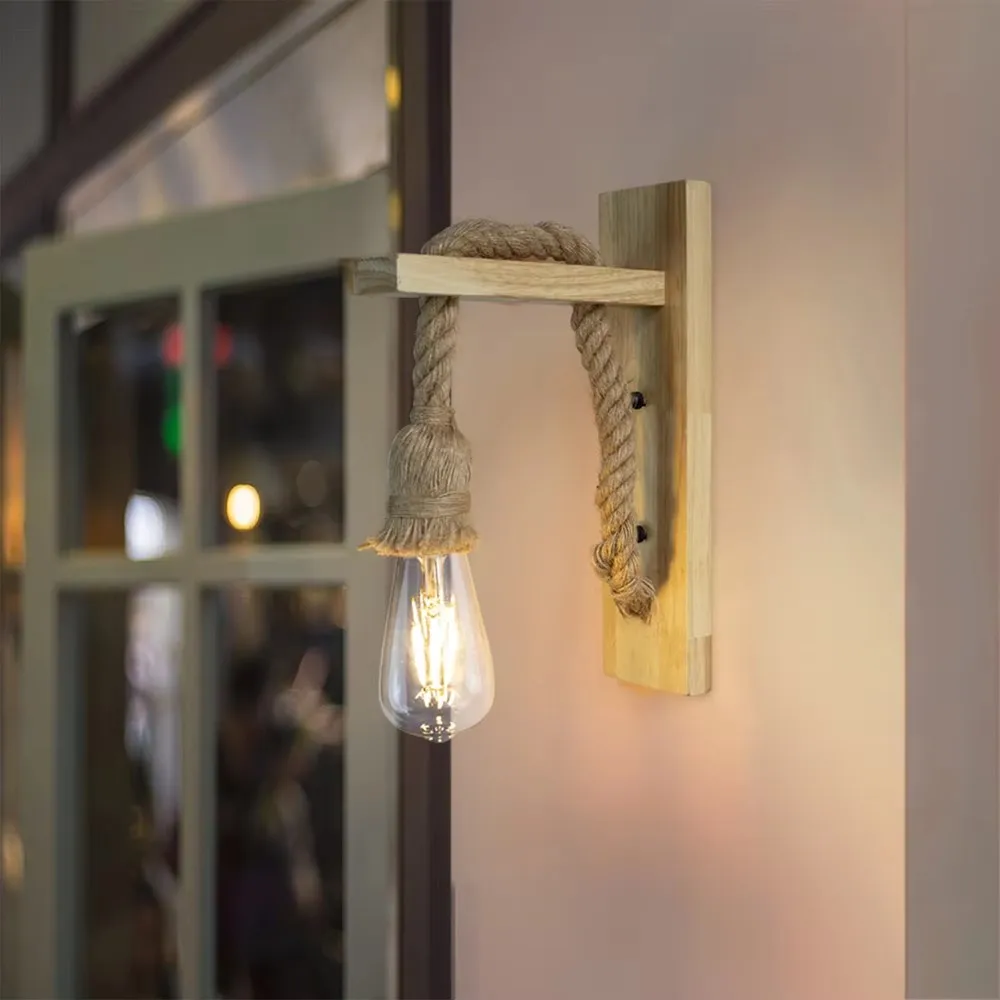 

Vintage Hemp Rope Wood Wall Sconce Lamps E27 Retro Industrial Wall Light For Home Decor Bedside Lamps Indoor Lighting Fixture