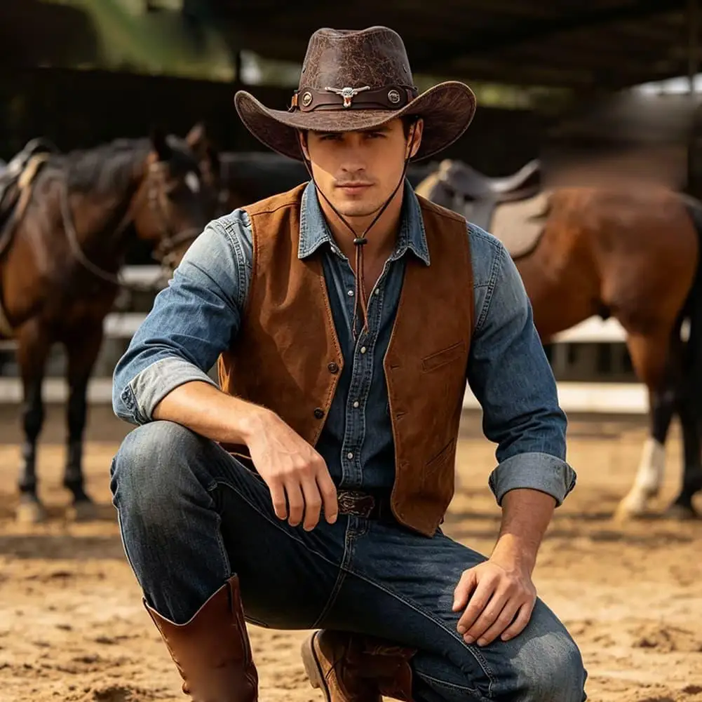 Exquisite Belt Rivet Decoration Large-brimmed Sunshade Hat Retro Leather Western Cowboy Hat Fashion Outdoor Travel Fishing Hat