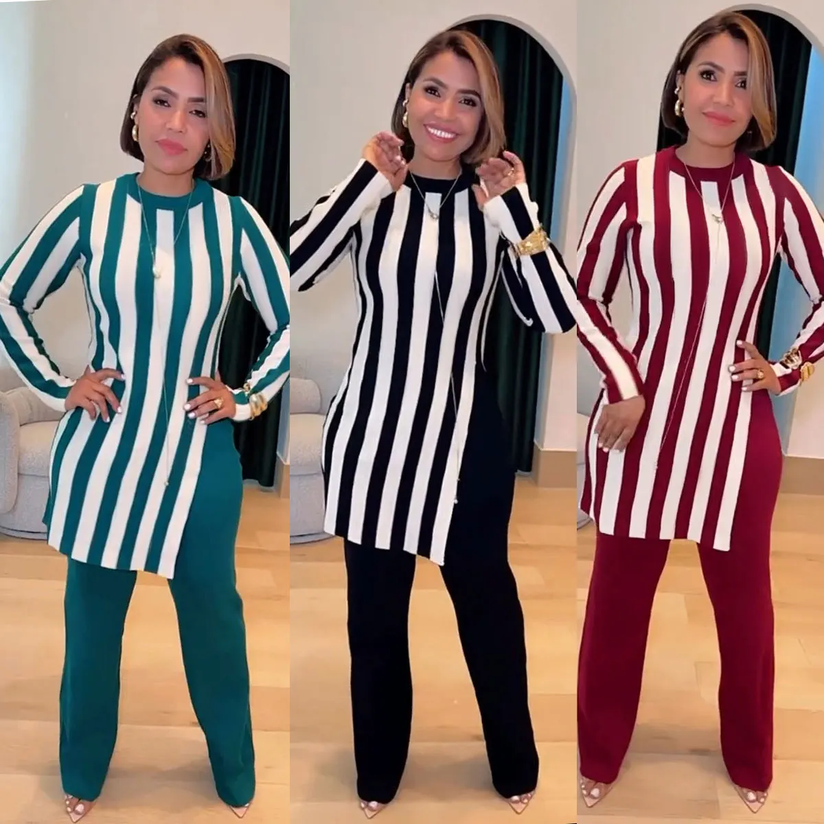 

Chic Women 2 Piece Matching Set Stripe Print Long Sleeve Slim Fit Outfits Autumn Winter Loungewear Fashion Two Piece Pants Sets