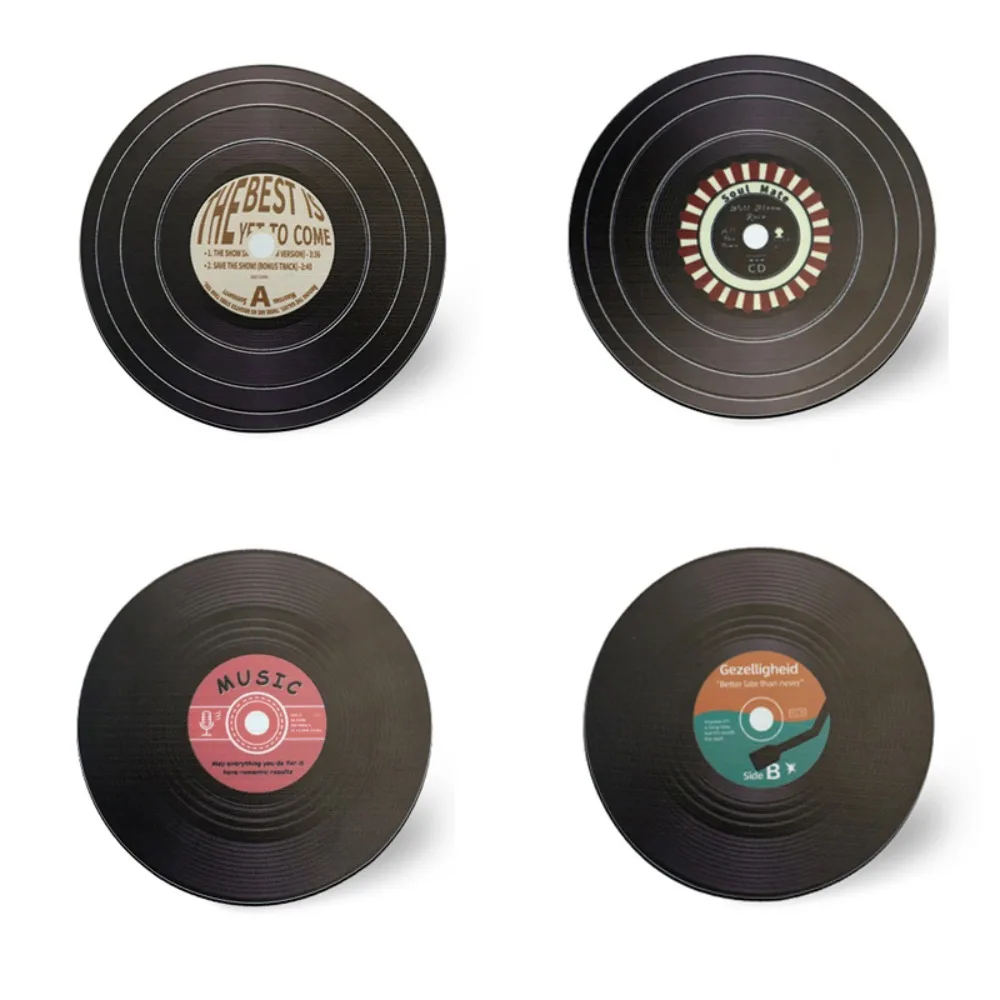 

4pcs Insulated Mat Retro Records Coaster Stainless Steel Heat Insulation Vinyl Disk Coaster Non-slip Round CD Coffee Mat Cafe