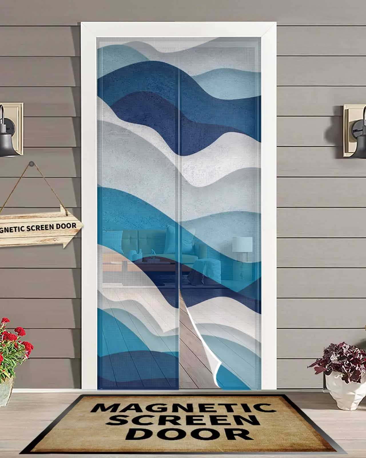 Ocean Waves Spray Blue Gradient Summer Magnetic Door Curtain Living Room Bedroom Home Anti-mosquito Screen Door Curtain