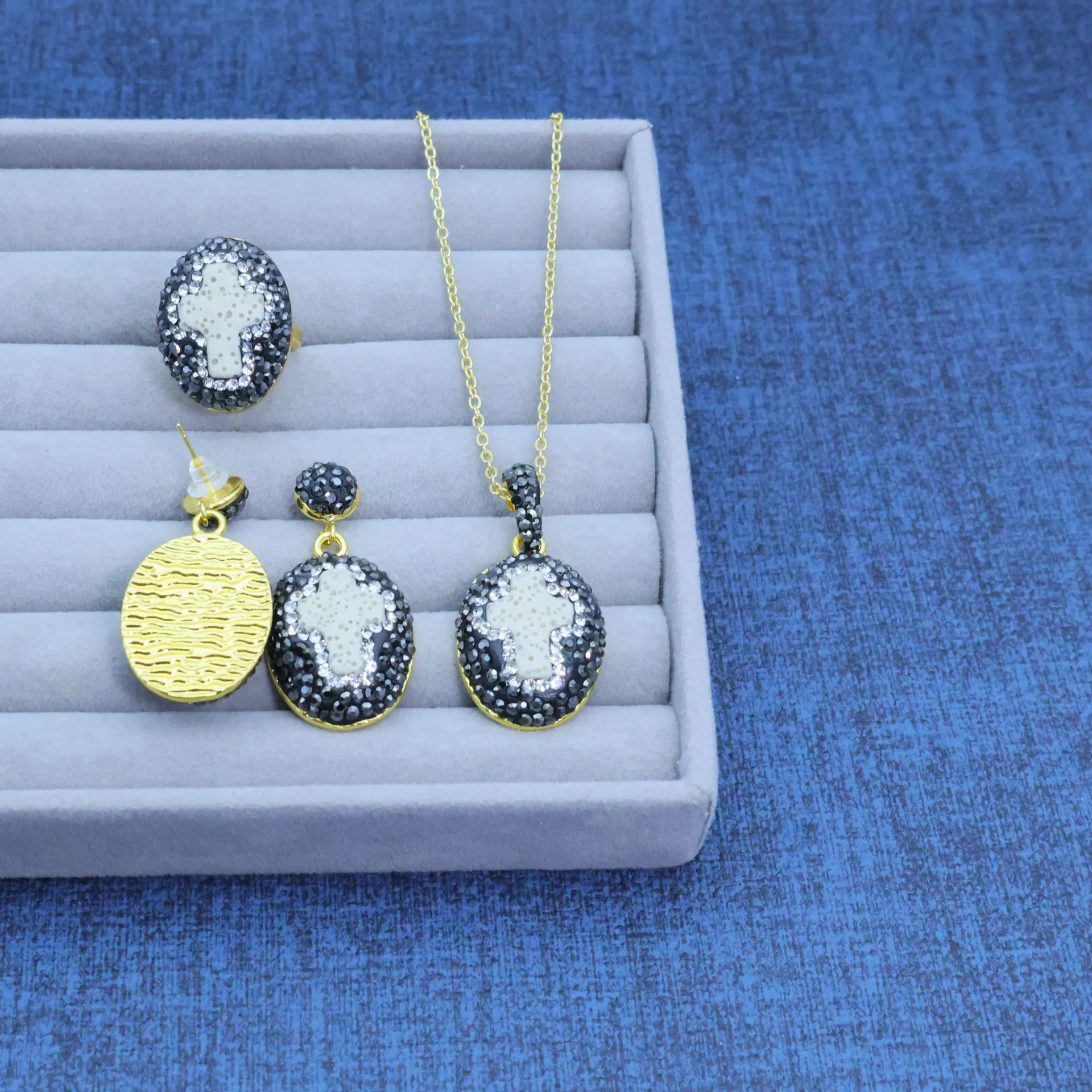 Popular volcanic stone cross niche design three-piece fashion temperament set original handmade design jewelry