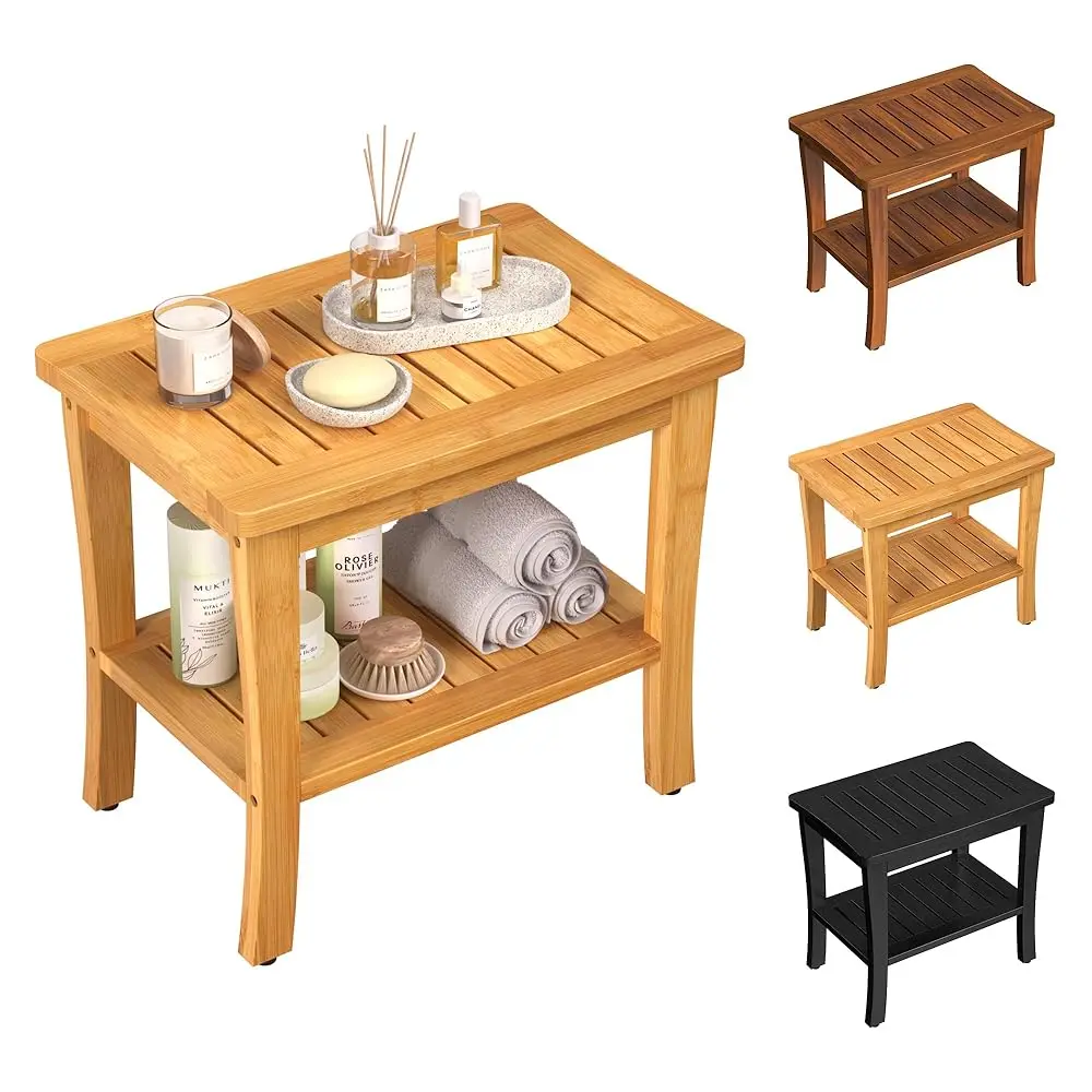 

Large Bamboo Shower Bench Stool With Storage Shelf Waterproof Shower Chair Spa Bath Seat Shower Stool For Inside Shower