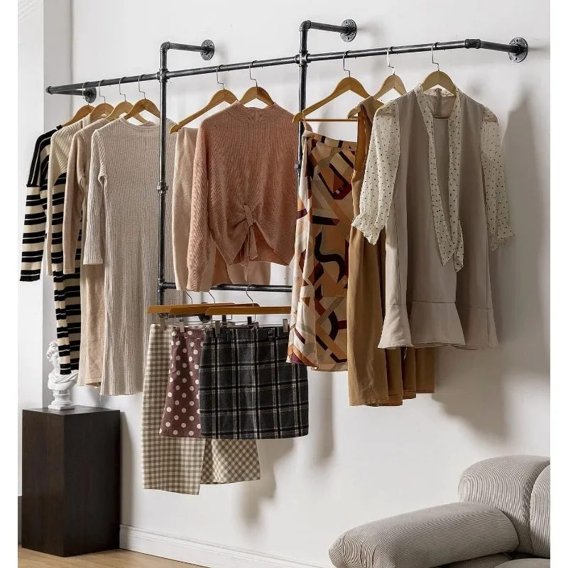 

Industrial Pipe Clothing Rack, Hanging Garment Rack, Wall Mounted Pipe Clothes Rack with Four Hanging Rods, Heavy Duty Garment R