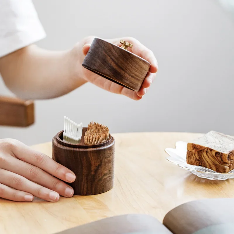 Walnut Wood Toothpick Holder with Lid,Dustproof Toothpick Dispenser Box,Elegant & Hygienic Tabletop Organizer for Home Kitchen