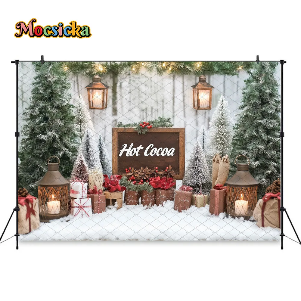 Mocsicka Christmas Hot Cocoa Cart Background Photography Winter Snowy Pine Forest Snowflake Backdrop New Year Kids Outdoor Photo