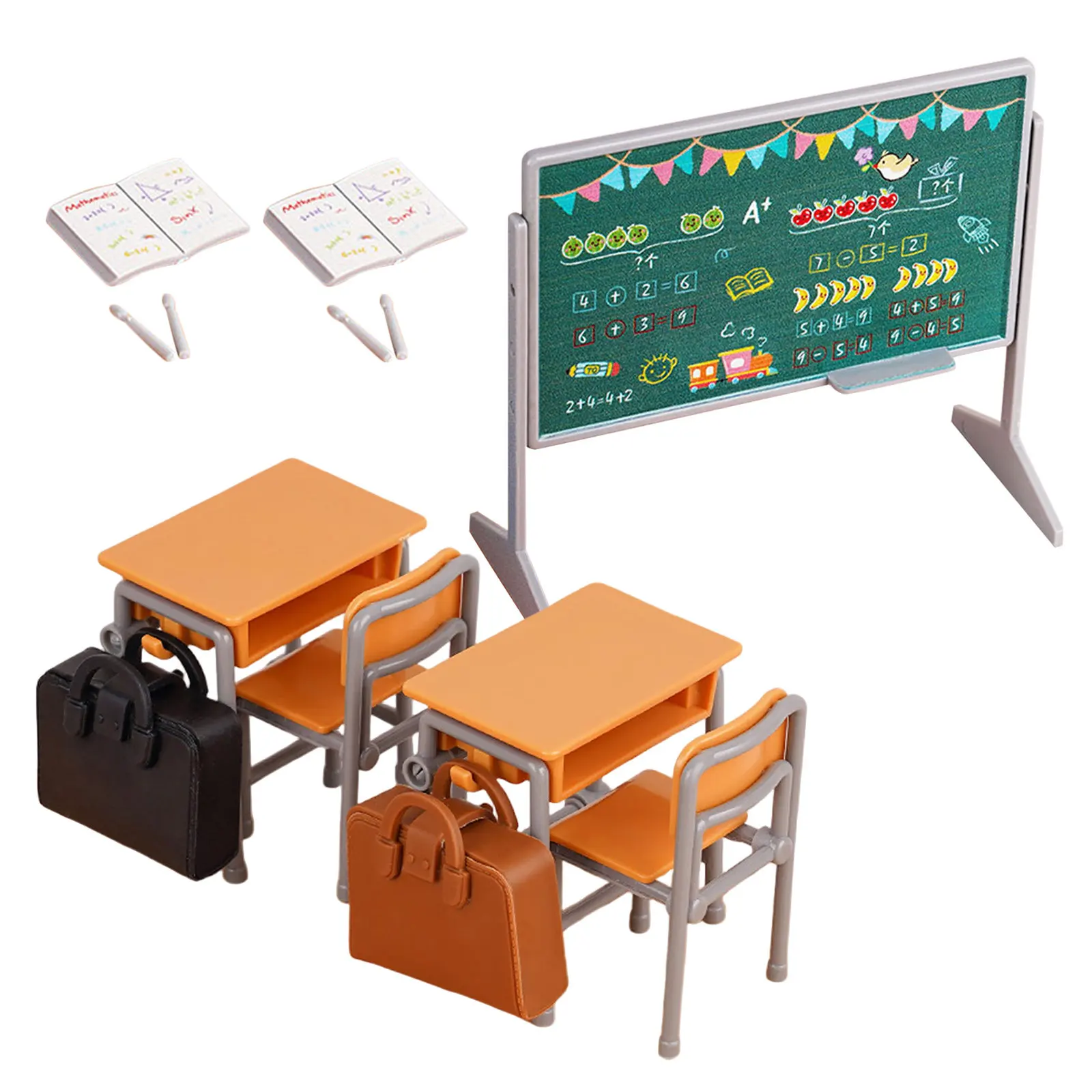 1Set Miniature School Desk Chair Set Realistic Dollhouse Classroom Furniture Supplies Mini Desk Blackboard Schoolbag Accessories