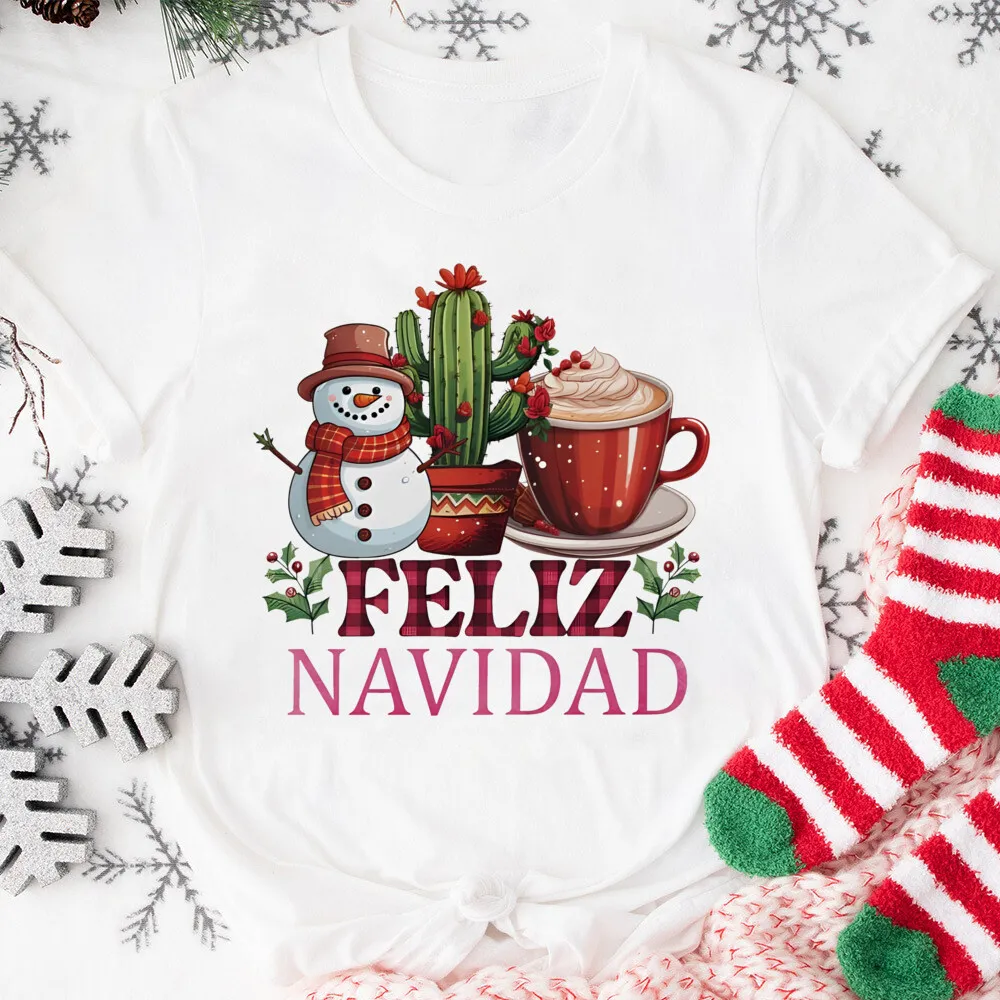 Feliz Natal das mulheres Camisa Estampada Espanhola, Outfit Tops, Camiseta de Manga Curta Feminina, Camiseta Retrô De Natal, Camiseta De Férias