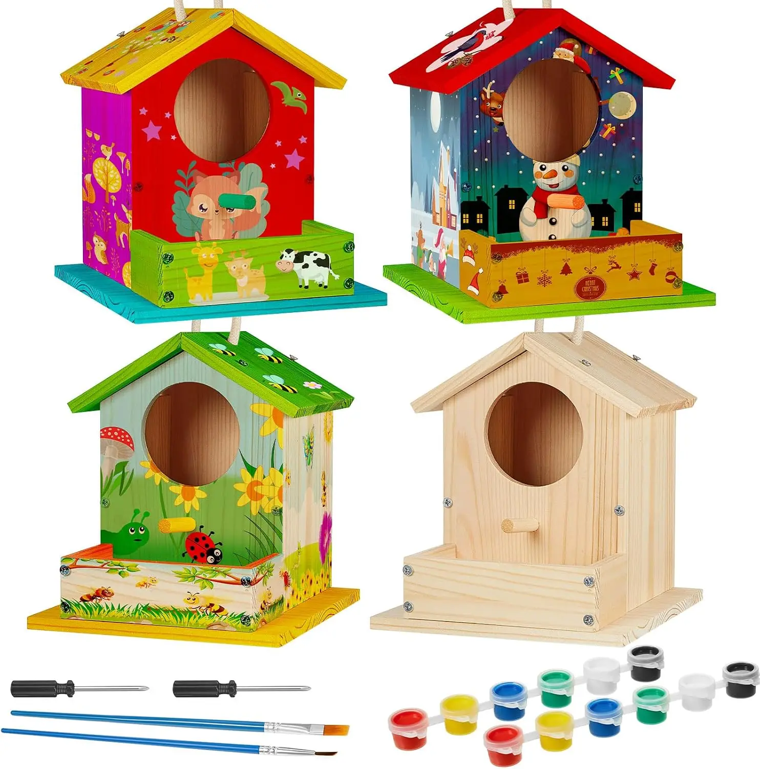 12 Pack DIY Wooden Birdhouse Kit, Crafts for Kids and Adults, Bird House with Paint and Paintbrushes Painting Kits for Boys and Girls, Spring Birthday Classroom Gifts for Ages 4-8