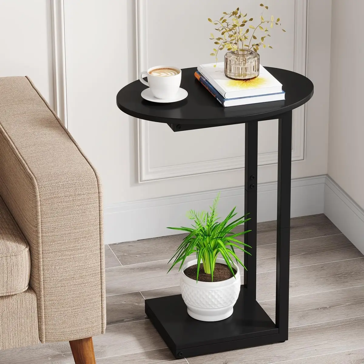 

Small Side Table End Table, C-Shaped Wood Coffee Table TV Tray for Eating Couch Tables for Small Space, Living Room, (Black)