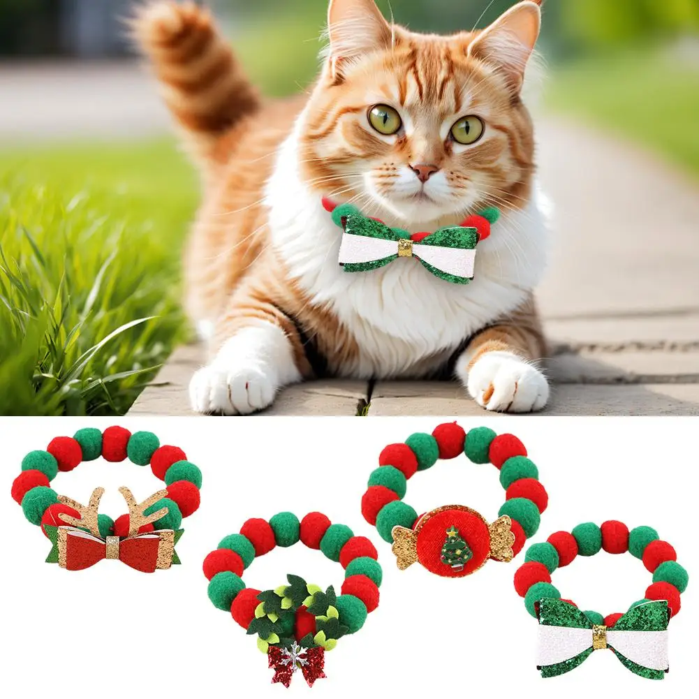 Christmas Cute Dog Cat Plush Ball Necklace Soft Elasticity Collar Pet Neck Accessories Pompom Ball Necklace Gift For Puppy I1R5