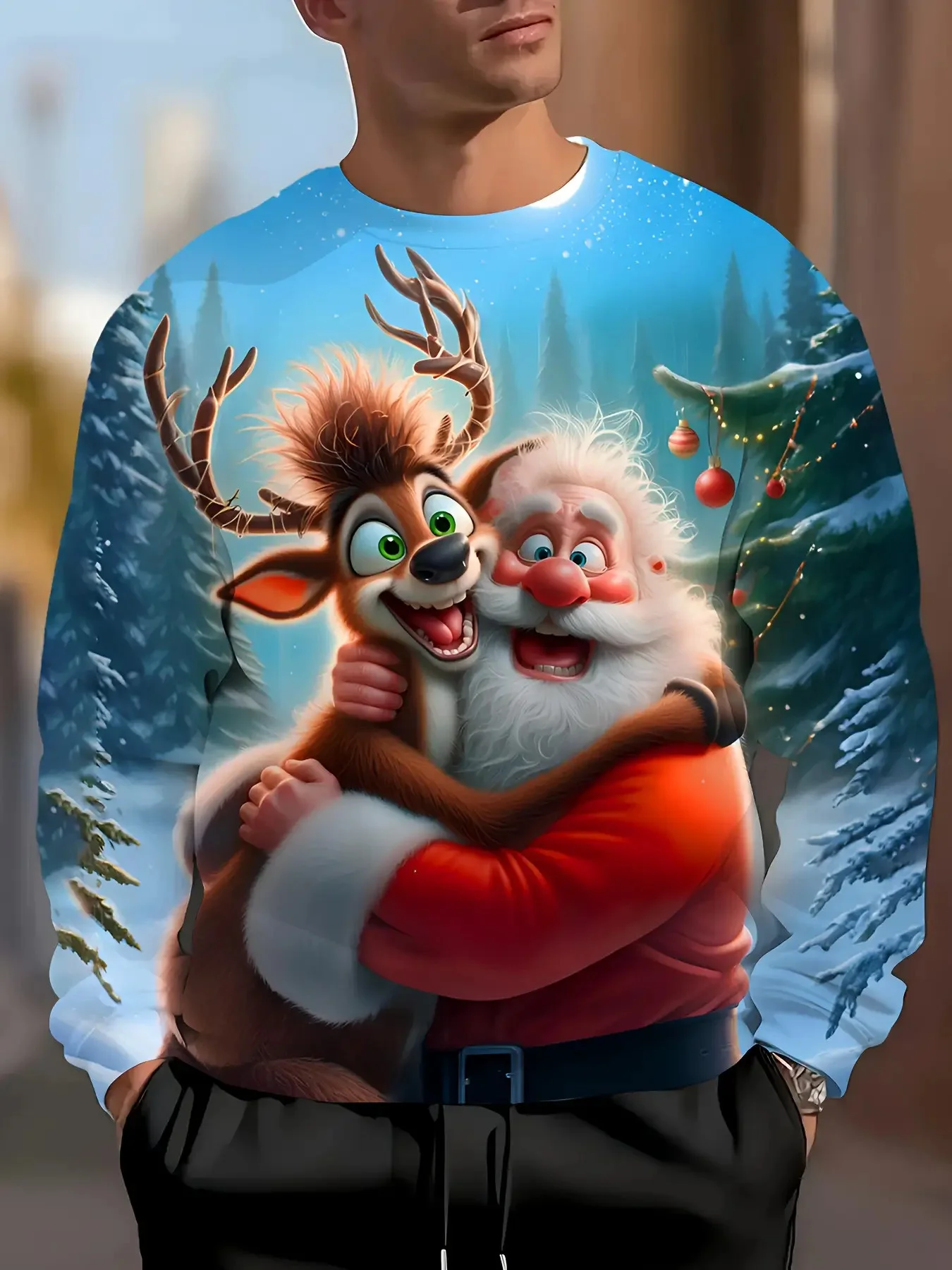 Men Christmas Round Neck Sweatshirt, Santa Hug Reindeer Snowy Forest Xmas Ball Print Polyester Casual Pullover