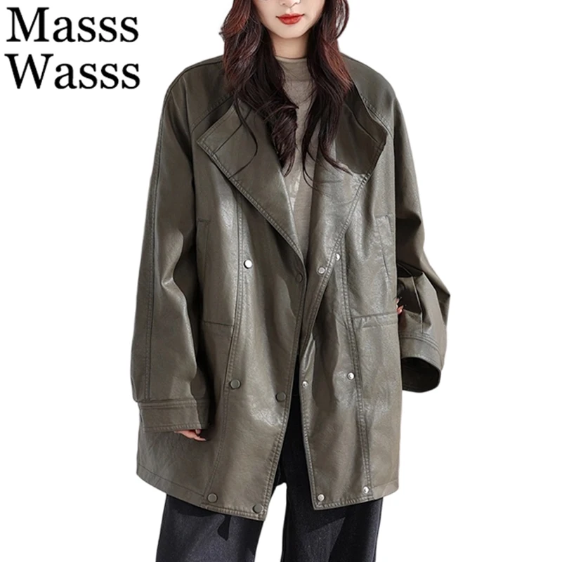 

Модные женские повседневные свободные пальто-тренчи из искусственной кожи в корейском стиле весна 2026, классические винтажные куртки-байкерки в стиле панк из полиуретана