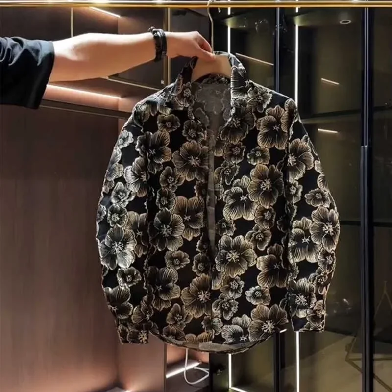Autumn Embossed High-end Bronzing Flower Shirt Men's Fashion Loose Long-sleeved Lapel Button Splicing Cardigan