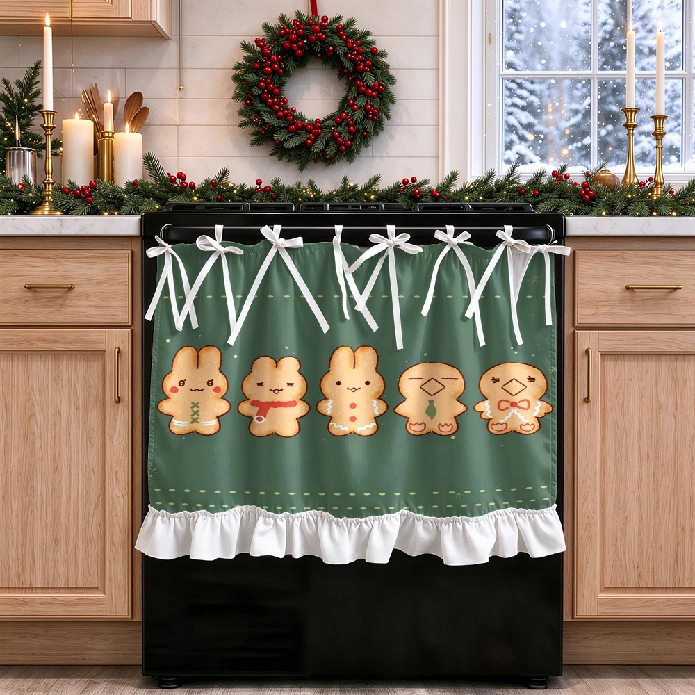 1PC lace up kitchen curtain, ruffled hem, 2D flat Green Cartoon Bunny pattern, cabinet cover curtain, Christmas home decoration