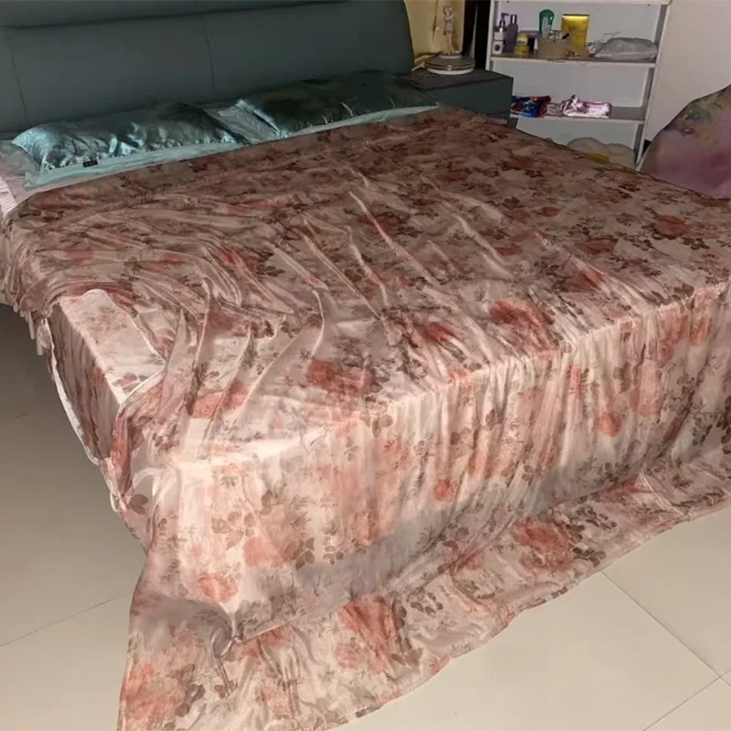 2.3m * 2m Soft See Through Floral Gloss Silk Thin Quilt Cover Soft Silky Touch Zipper Couple FKK Large Size Single Duvet Cover