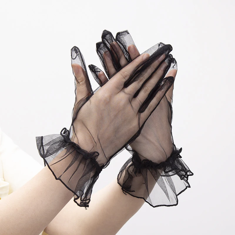 

Women Black Lace Gloves Ultra Thin Gloves Tulle Wedding Bride Dress Driving Mittens Sheer Transparent Sunscreen Vintage Glove