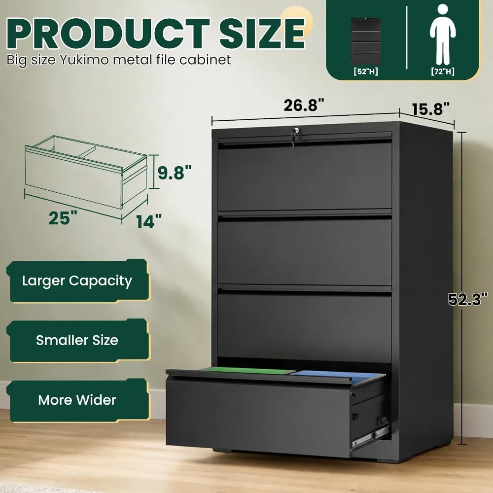 4 Drawer Lateral File Cabinet with Lock for Home Office, Black