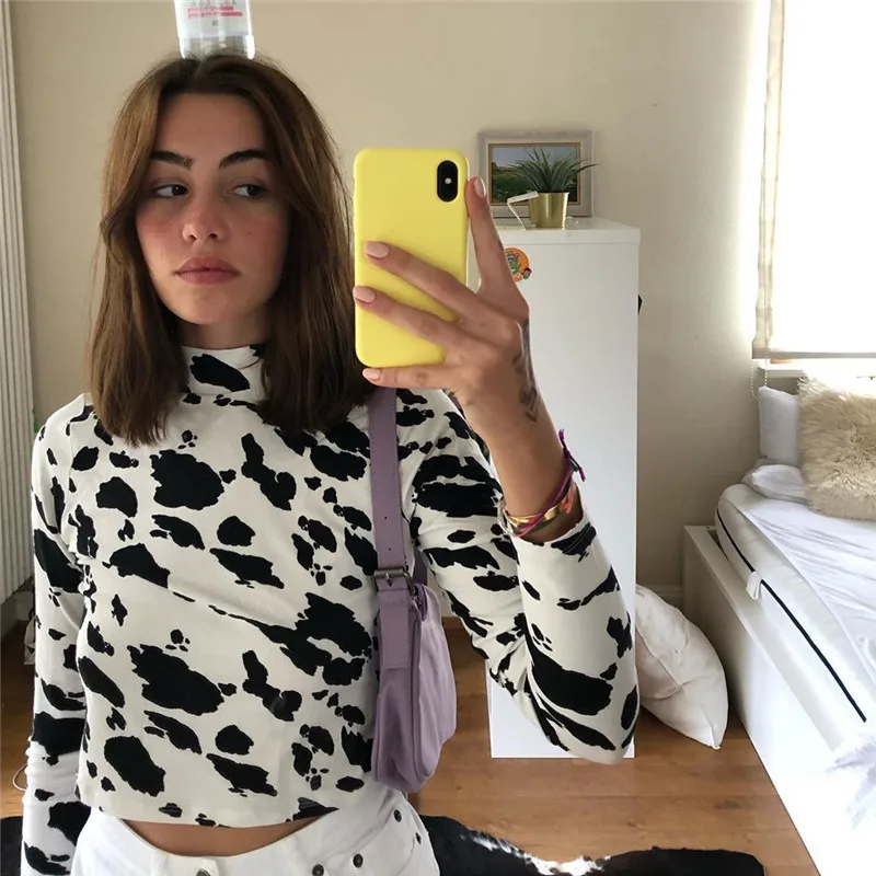 Y 2K Koe Print Vrouwen Hoge Hals Streetwear Lange Mouw T-Shirt Slanke Crop Tops Gothic Sexy Cartoon Korte Outfits Vakantie Kostuum