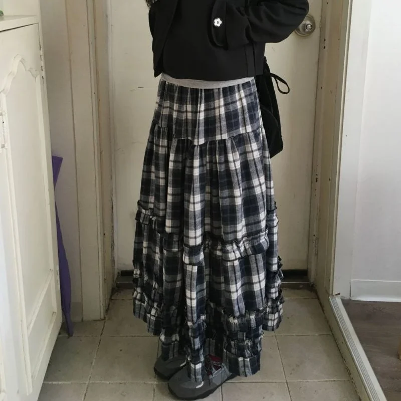 

Chic Vintage Plaid High Waist f Skirt Women's Floing Embelliment Floral Lace Trimming Autumn Winter Commute Dr