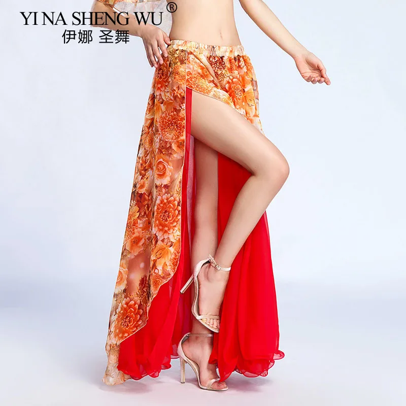 

New Belly Dance Skirt Dance Practice Performance Costume Flower Material Split Half Body Skirt Double Layer Dance Skirt Women