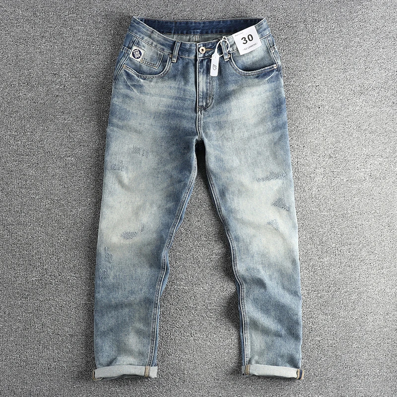 

New Washed American Retro Denim Jeans Men's Loose Straight Leg Long Trousers Trendy Design Sensation mid Waist Summer Jeans