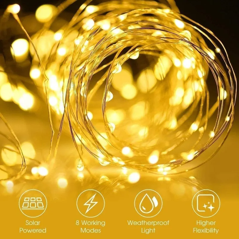 Imagem -04 - Luzes Solares ao ar Livre para Jardim Decoração de Fio de Cobre Luzes de Natal Impermeável Pátio Casamento 400led 110 Pés Pacotes