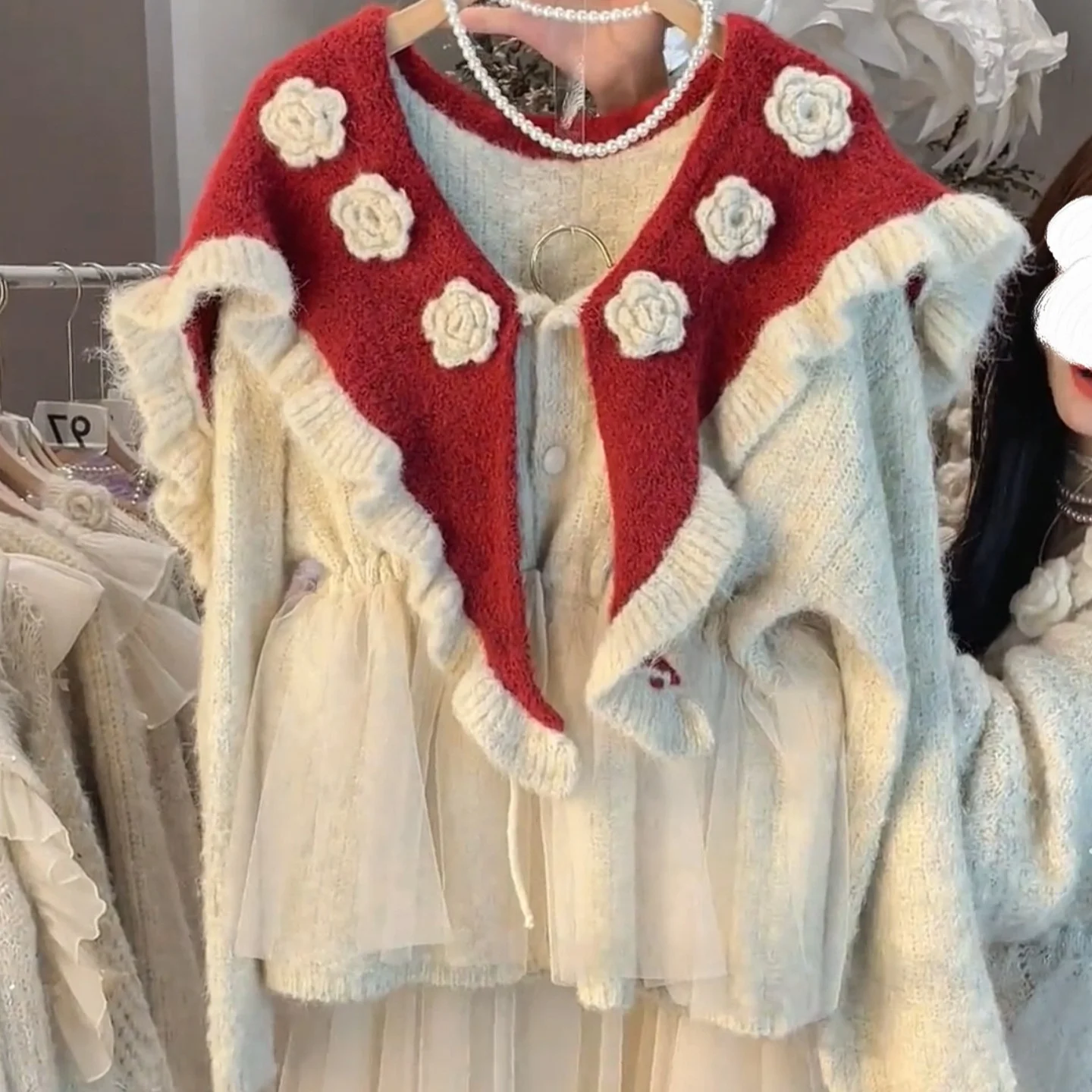 

French Sle Knitted Cardigan Waist Cinched Navy Collar 3D Flower Women's plus Size Sweater Coat Autumn Winter Thiened Casual