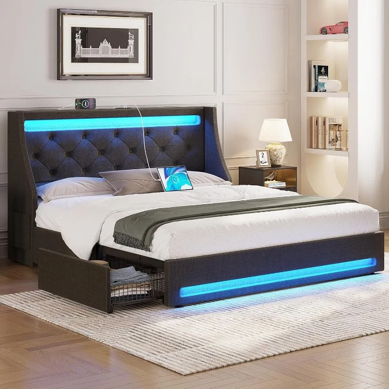 Full Bed Frame with LED Lights and Charging Station,Upholstered Bed with Drawers,Wooden Slats,Noise Free,Easy Assembly,Dark Gray