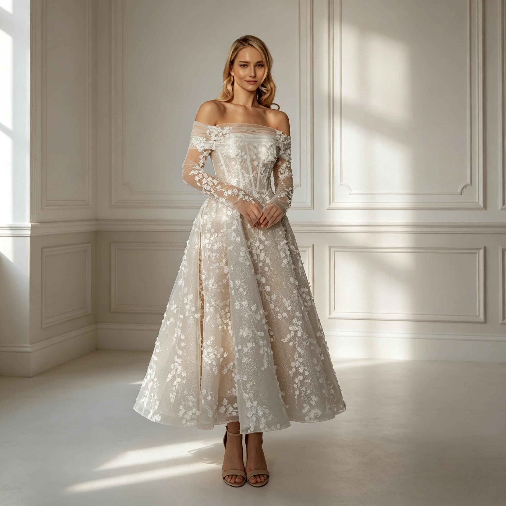 A Line Off The Shoulder Wedding Dress Detachable Floral Sleeves 3D Floral Sequins Featuring An Open Back Customization