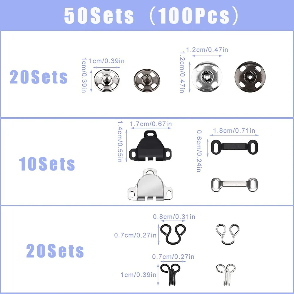 خطافات خياطة عيون أدوات تحديد الملابس ، أزرار الطقات المعدنية ، السحابات للسراويل ، فستان تنورة ، لتقوم بها بنفسك العرض ، مجموعة 100 قطعة #2