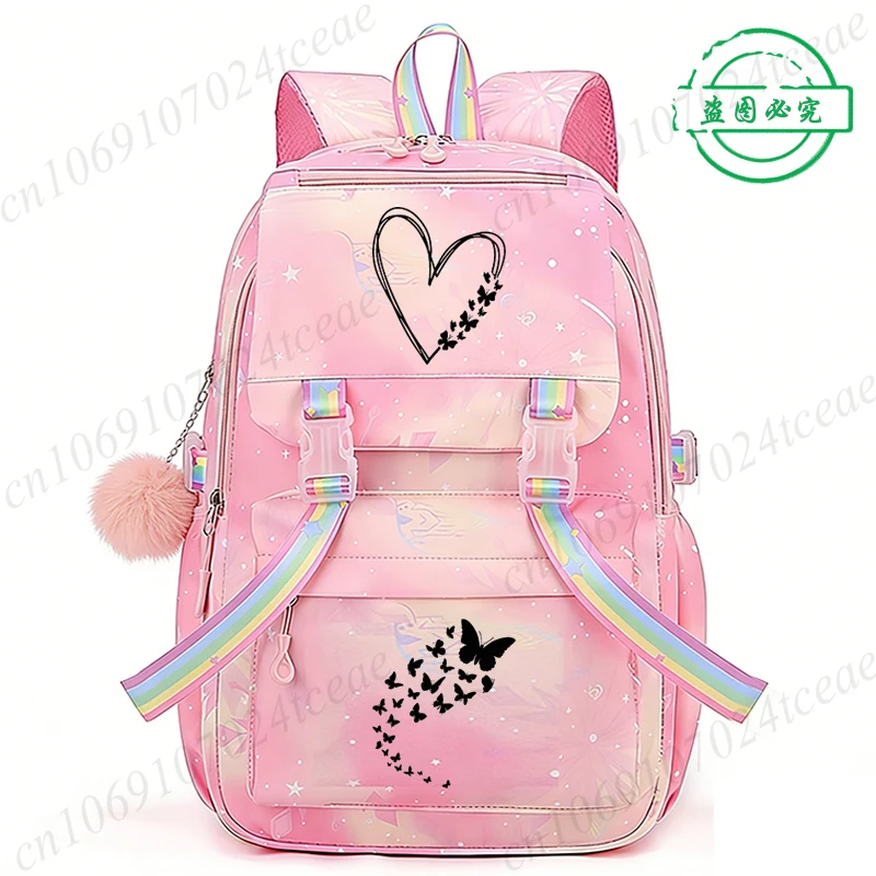 

New Fashion College Students School Backpack Bags Trendy Women Laptop School Bags Butterfly Heart Design Girl Teens Book Bag