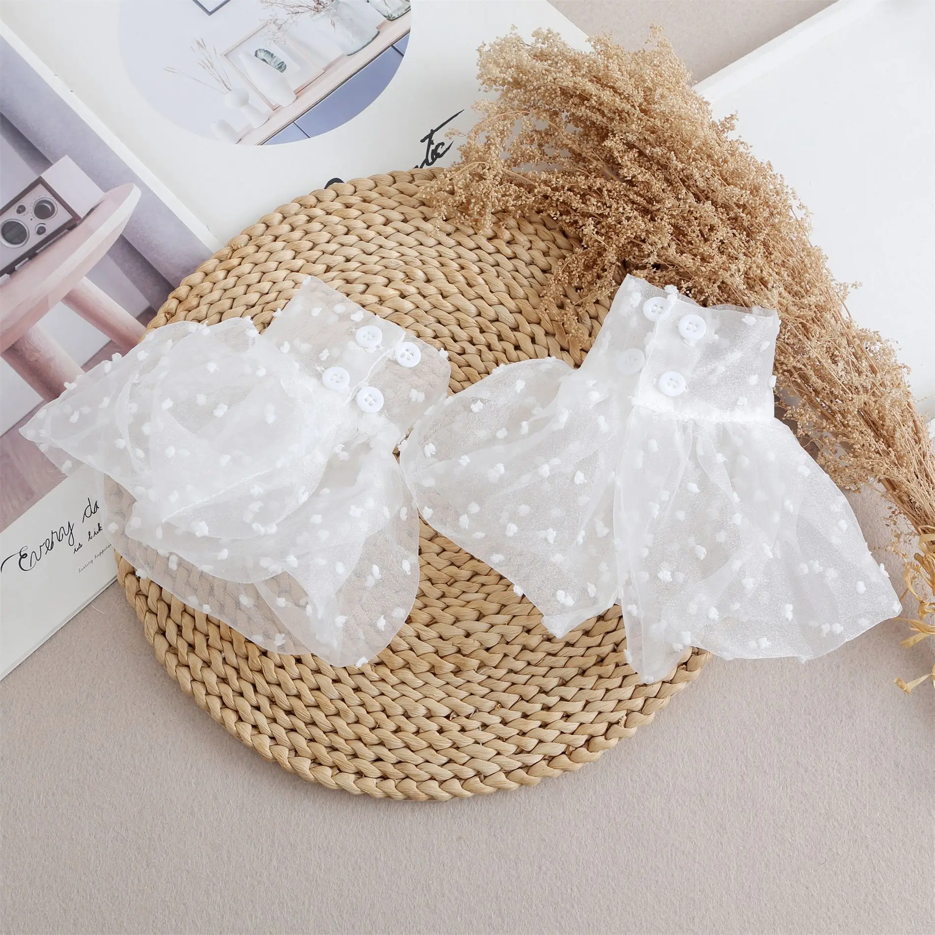 1 زوج انفصال الأصفاد شبكة وهمية متوهج الأكمام طبقة مزدوجة مطوي Ruched كاذبة الأصفاد سترة بلوزة تدفئة المعصم للنساء #6