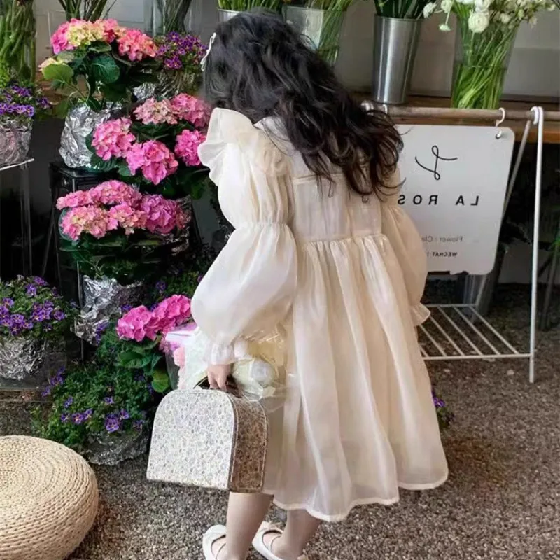Girls' Long Sleeve Dress Spring and Autumn New Style Children's Sweet Flowing Bubble Sleeve Princess Dress