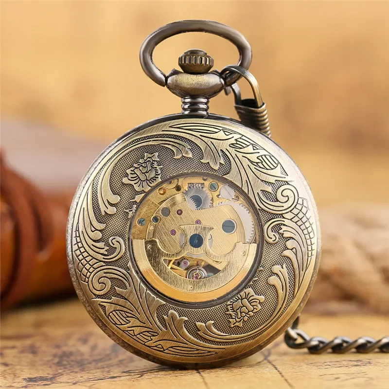 Vintage Hollow Phoenix Case Men Women Automatic Mechanical Movement Pocket Watch Pedant Chain Clock Roman Number Dial Reloj Gift