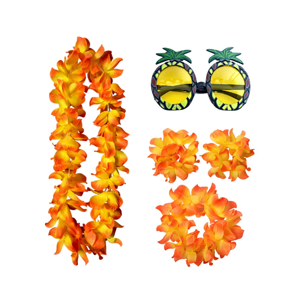 Gafas de piña hawaiana, disfraz divertido de fiesta, conjunto naranja, tocado de guirnalda hawaiana, pulsera, accesorios para fotos, 5 uds.