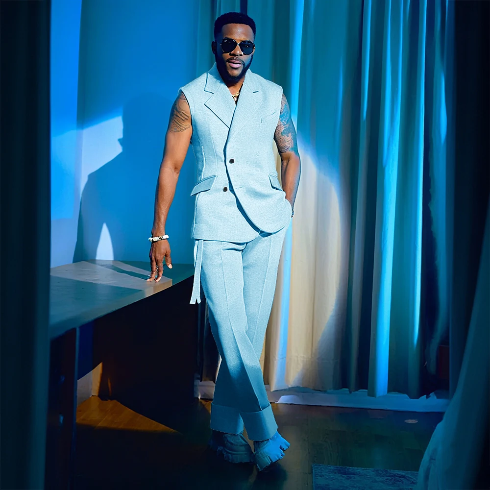 Summer Men's Suit 2 Pieces Sleeveless Vest Pants Fashion Sky Blue Custom Slim Fit Set for Beach Wedding Dinner Party Outfit