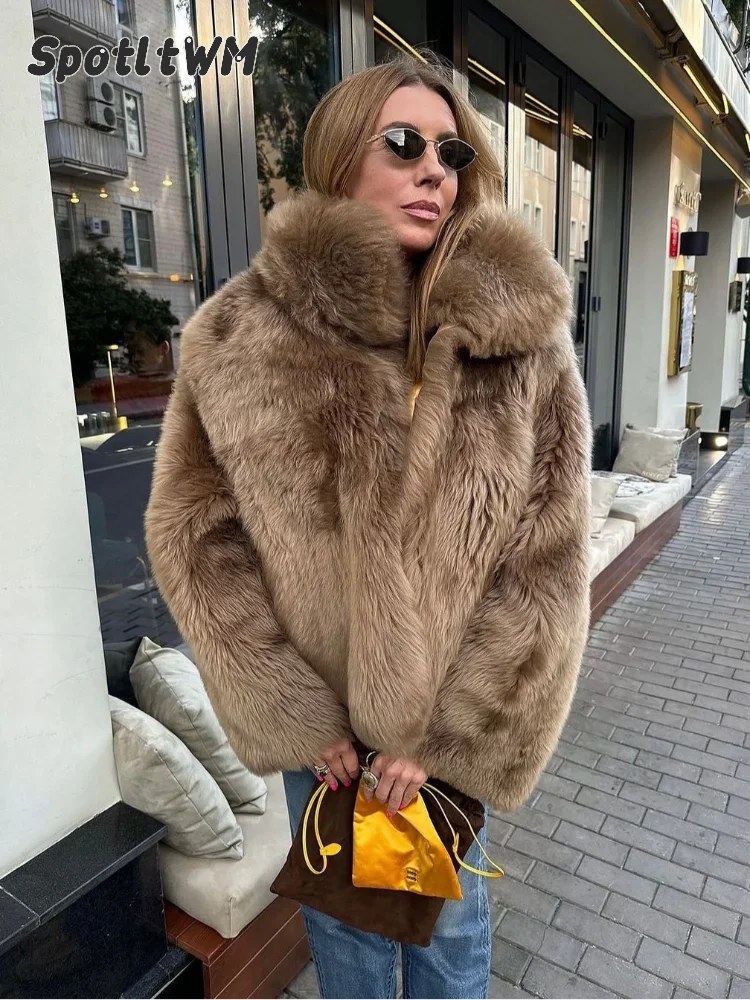 Women Fashion Solid Thicken Faux Fur Coat Elegant Lapel Long Sleeve Cropped Jackets 2024 Winter Female Casual Street Outerwear