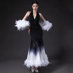 2024 White Feather Ballroom Dance Dress Women Performance Clothing Waltz Dance Costume Bubble Sleeves Tops Ballroom Skirt BL9768