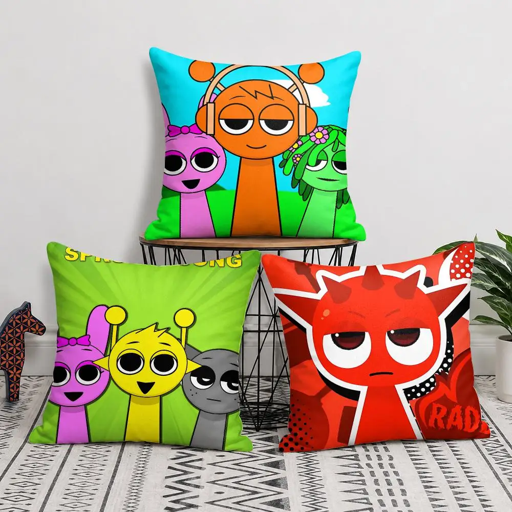 S-Sprunki Anime Cute Cushion Cover Silky Short Plush Invisible Zipper Dustproof Sofa Pillow Case For Home Decor