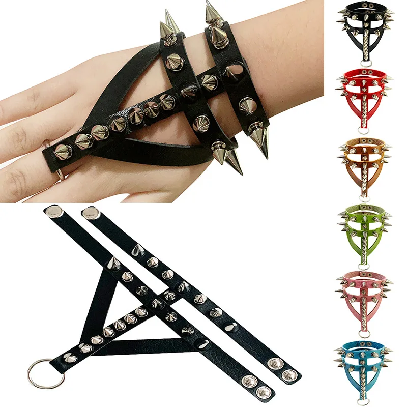 

Punk rock men bracelets Three Row Cuspidal Pointed Spikes Rivet Wide Cuff PU Leather bracelet Gothic Bangle women grunge jewelry