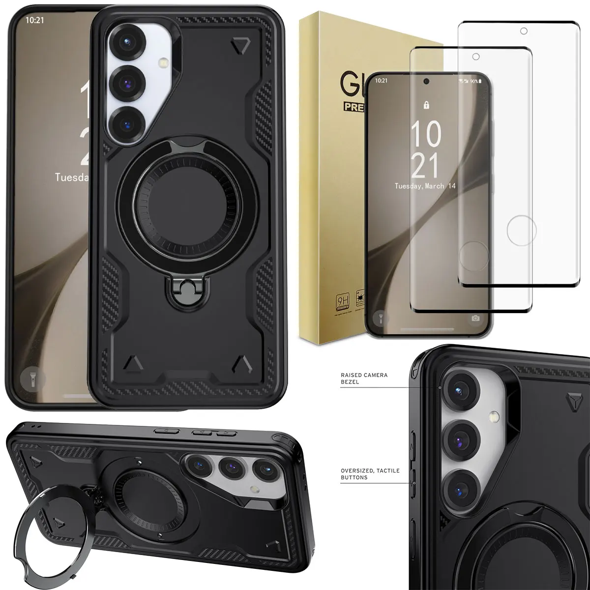 

Черный противоударный чехол-подставка для Samsung Galaxy S24/Plus/Ultra/FE и 2 шт., защитные пленки из закаленного стекла с полным покрытием