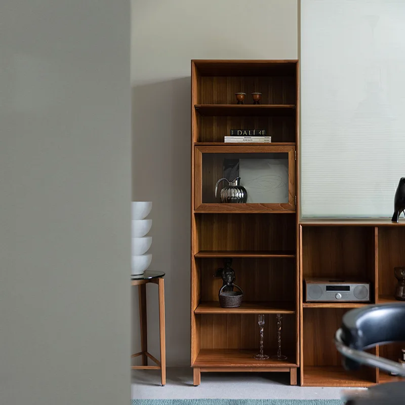 Nordic teak bookcase, living room free combination glass solid wood bookshelf