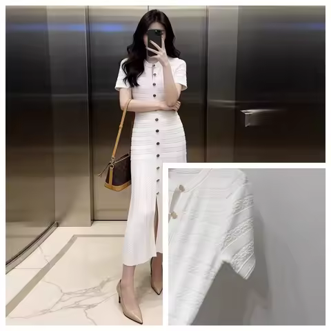 Asian Size Fashionable White Evening Dress Hollow Crochet Single Breasted Knitted Pleated Elegant Long Dress 26 Summer New Style