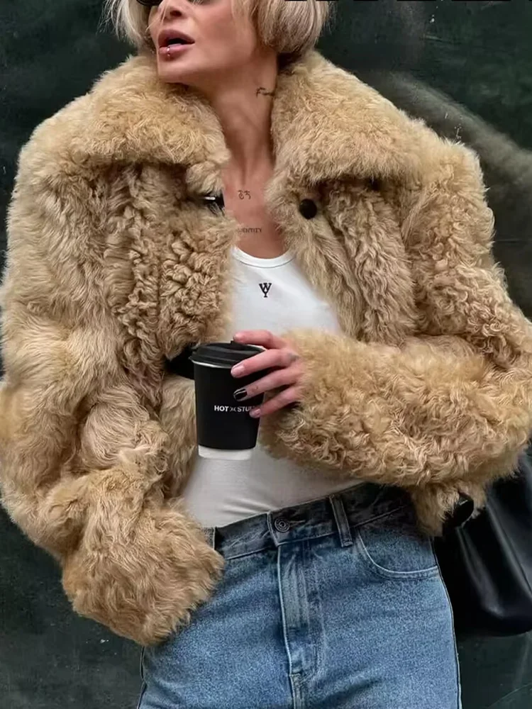 

HH женская зимняя модная короткая куртка с лацканами и мехом ягненка, женская уличная повседневная теплая куртка с карманами и длинными рукавами