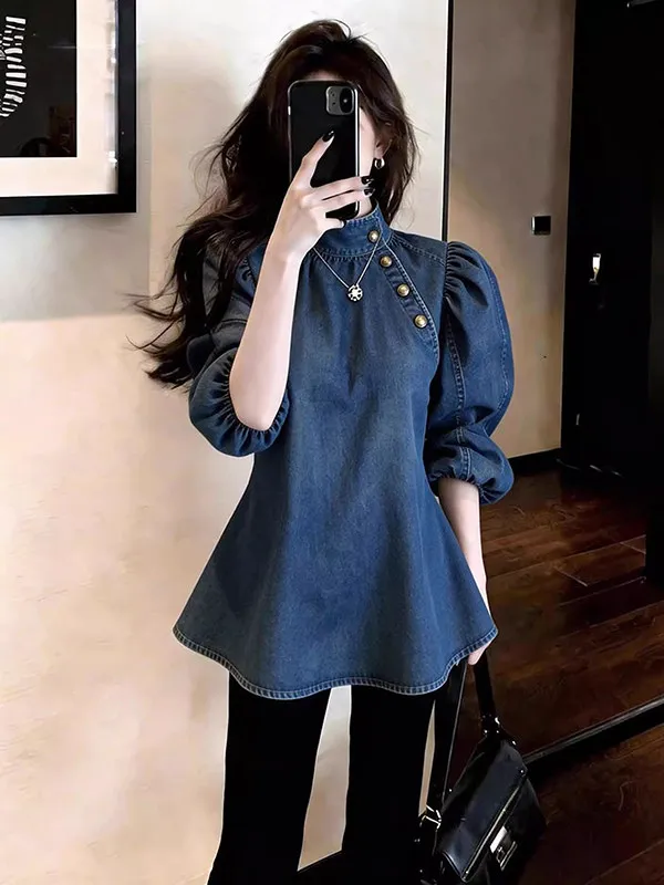 

plus Size Women's Thin Denim Shirt Spring Summer Loose Stand Collar Hong Kong Style Casual Breathable Skin-Friendly Top