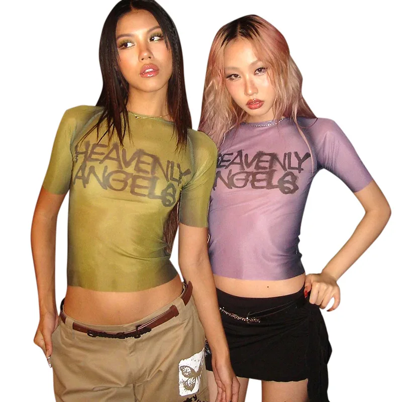 Brief Drucken Y2k Top Durchsichtig Grafik T Shirts Für Frauen Kleidung Kurzarm Ästhetischen Ropa De Mujer Dünne Sexy Streetwear – Detail 10