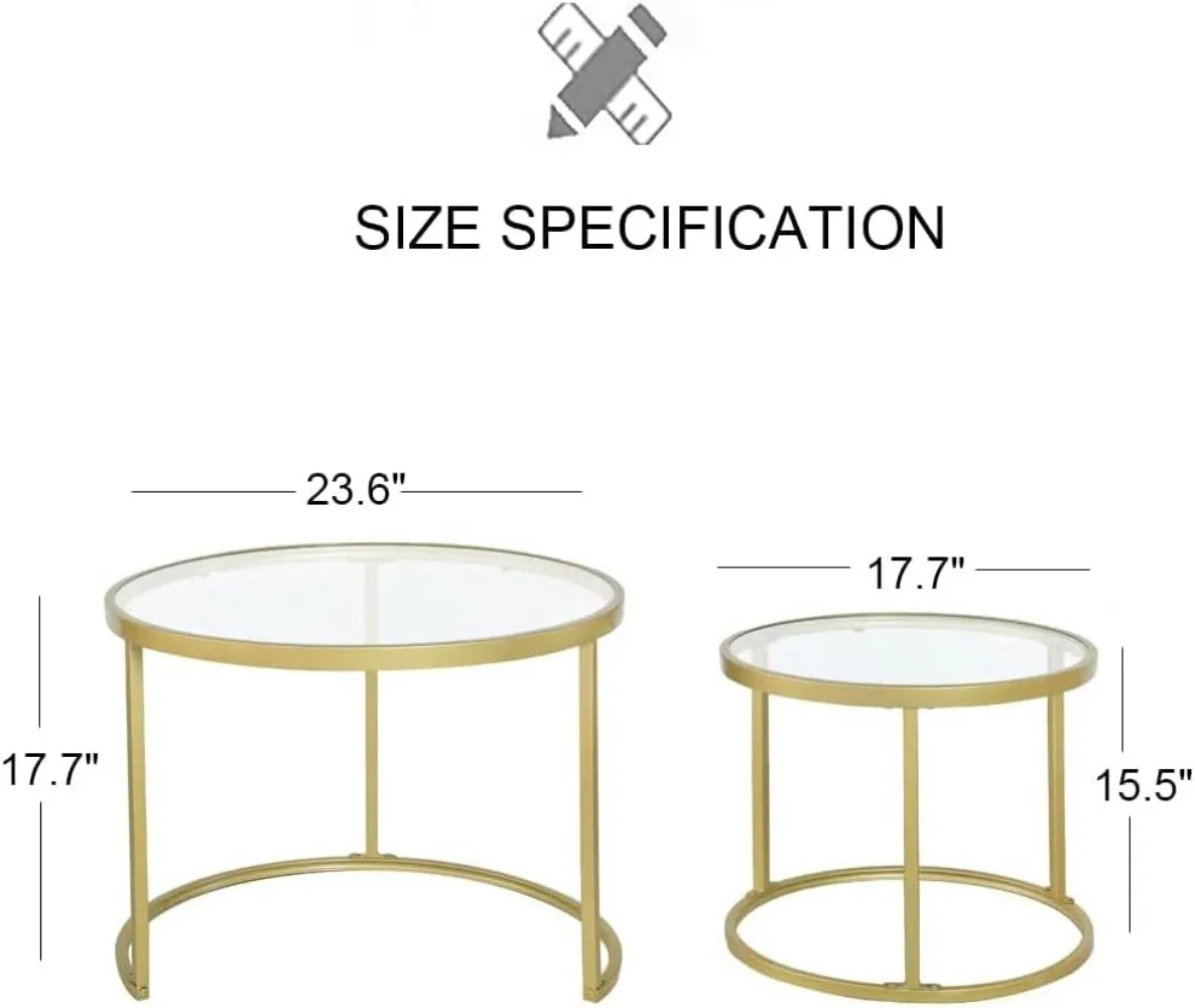 Gold Nesting Coffee Table Set of 2, Small Glass Nesting Tables for Living Room Bedroom, Accent Tea Table with Metal Frame